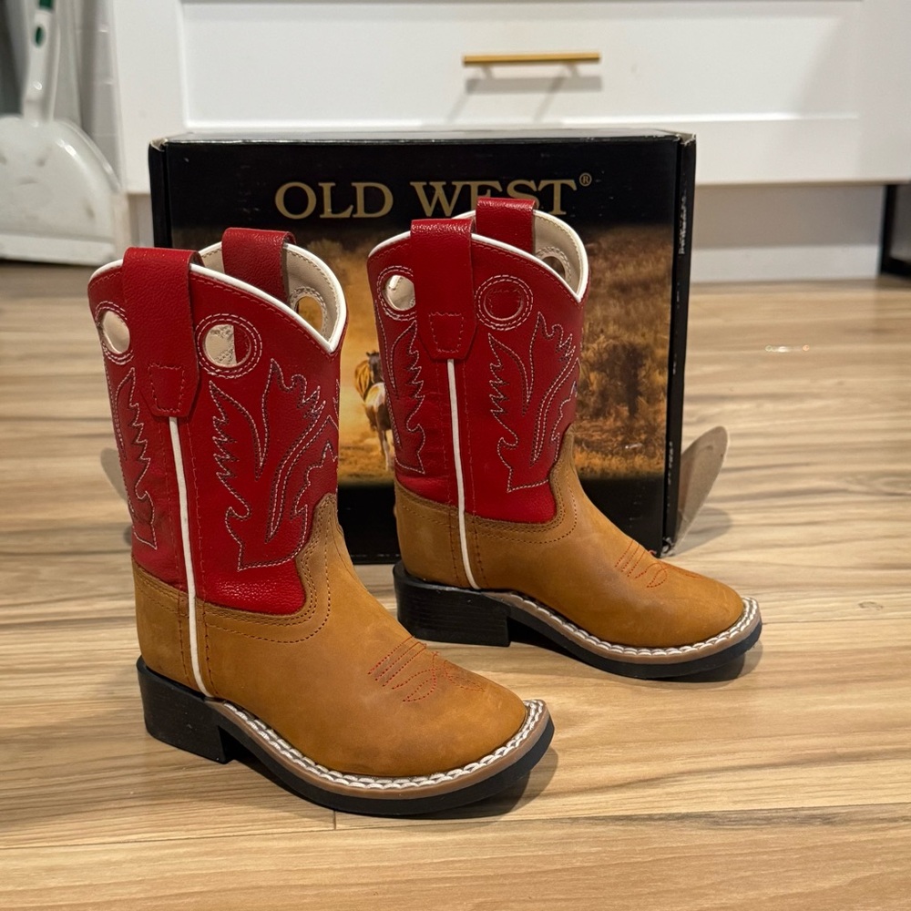 Old West Kids Red Leather Western Cowboy Boots Flame Stitch Square Toe Sz 5.5 D